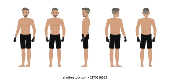 Set of Mixed Martial Arts man character vector design. Presentation in various action with emotions, running, standing and walking.
