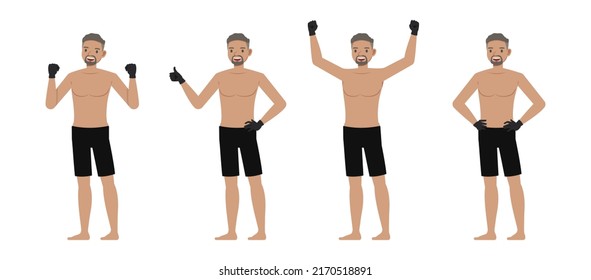 Set of Mixed Martial Arts man character vector design. Presentation in various action with emotions, running, standing and walking.