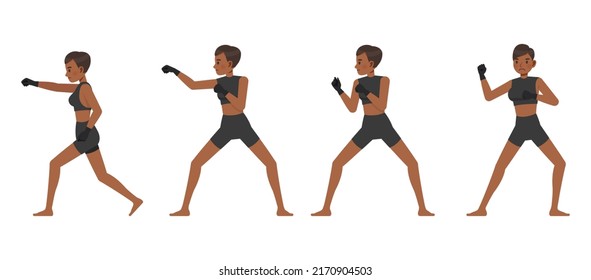 Set Of Mixed Martial Arts Woman Character Vector Design. Presentation In Various Action With Emotions, Running, Standing And Walking.