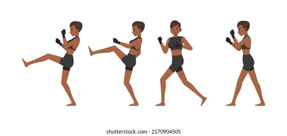 Set of Mixed Martial Arts woman character vector design. Presentation in various action with emotions, running, standing and walking.