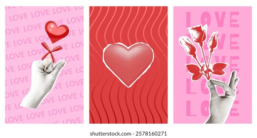 Set of mixed media vertical posters for Valentine's Day. Paper cut hands holding roses, heart on stick, and halftone heart. Love and wavy lines pattern on pink and red backgrounds. Vector