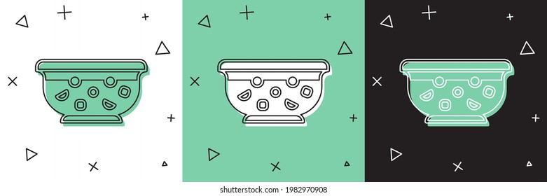 Set Mixed punch with fresh fruits in bowl icon isolated on white and green, black background.  Vector Illustration