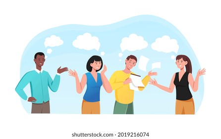 Set of mixed racial people with thoughts bubbles standing in emotional pose, waving hand and gesture or solving problem. Flat cartoon illustration vector concept design isolated on white background