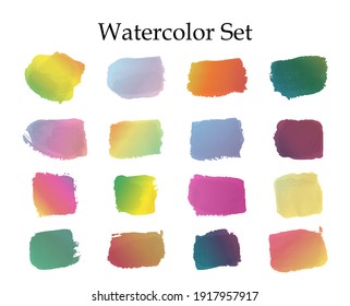 Set of mixed rainbow watercolor paint, isolated on white background. Abstract gradient with brush strokes. Vector illustration