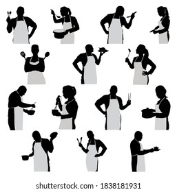 set of mixed silhouettes chef man and woman vector illustration


