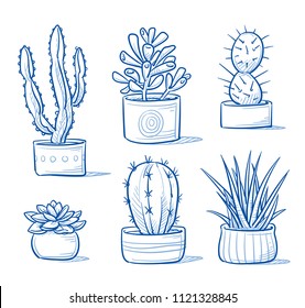 Set of mixed succulents and cactus plants in garden pottery. Hand drawn blue outline line art cartoon vector illustration.