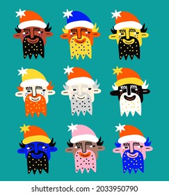 Set Of Mixed-race Portraits Of Santa Claus. Multiethnic Christmas And Equality. Bizarre Santa Claus Head In 80s Psychedelic Style