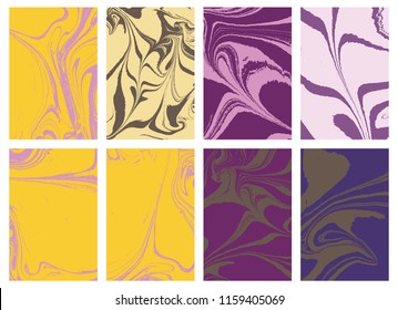 Set of mixture liquid marble acrylic makeup paints. Applicable for design cover, presentation, invitation, flyer and business card. Fluid art puzzle texture. Vector.