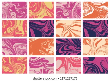 Set of mixture liquid marble acrylic makeup paints. Applicable for design cover, presentation, invitation, flyer and business card. Fluid art puzzle texture. Vector.