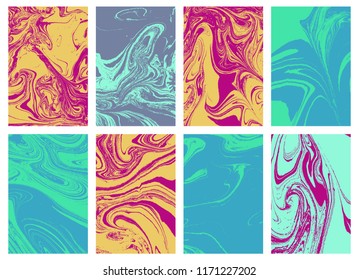 Set of mixture liquid marble acrylic makeup paints. Applicable for design cover, presentation, invitation, flyer and business card. Fluid art puzzle texture. Vector.