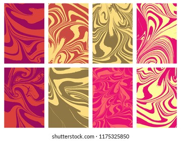 Set of mixture liquid marble acrylic makeup paints. Applicable for design cover, presentation, invitation, flyer and business card. Fluid art puzzle texture. Vector.
