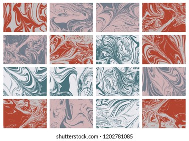 Set of mixture liquid marble acrylic makeup paints. Applicable for design cover, presentation, invitation, flyer and business card. Fluid art puzzle texture. Vector.
