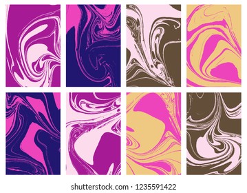 Set of mixture liquid marble acrylic makeup paints. Applicable for design cover, presentation, invitation, flyer and business card. Fluid art puzzle texture. Vector.