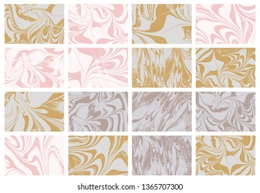 Set of mixture liquid marble acrylic makeup paints. Applicable for design cover, presentation, invitation, flyer and business card. Fluid art puzzle texture. Vector.