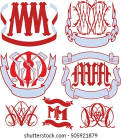 Set of MM monograms and decorative emblem templates with two letters MM. Vector collection.