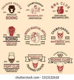 Set of mma and boxing club emblems. Design element for logo, label, sign, poster, t shirt. Vector illustration