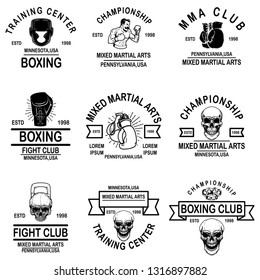 Set of mma and boxing club emblems. Design element for logo, label, sign, poster, t shirt. Vector illustration