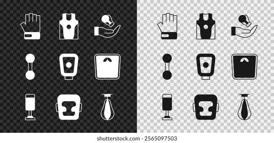 Set MMA glove, Boxing jersey and t-shirt, Punching bag, helmet, Dumbbell and training paws icon. Vector