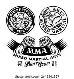 Set of MMA logo badge in style vintage. Mixed Martial Arts Gloves logo badge illustration.	