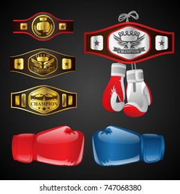 Set of MMA objects - modern vector realistic isolated clip art on dark background. Mixed Martial Arts items: boxing gloves, champion's belts, awards with titles and emblems. Blue and red mittens