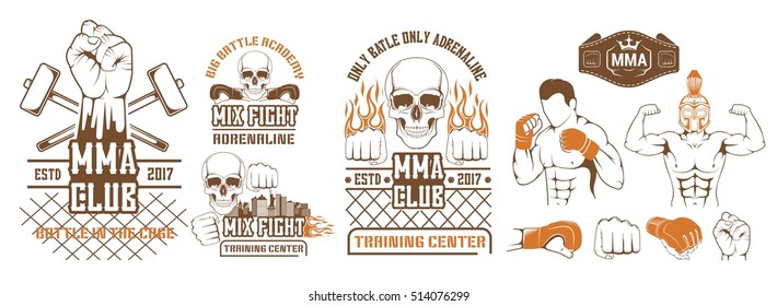 Set for MMA. Silhouette, logo, emblem, l?bel, element, the icon for the mix of martial arts. Battle, shows, training center, the boxing club to train fighter.