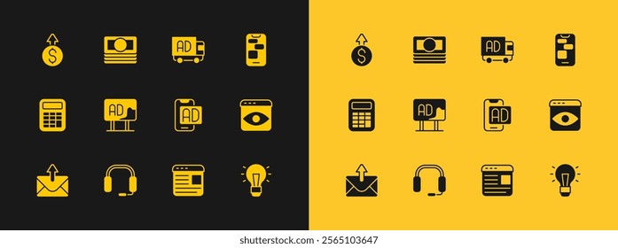 Set Mobile 24 hours support, Headphones, Advertising, truck, Financial growth dollar and Stacks paper money cash icon. Vector