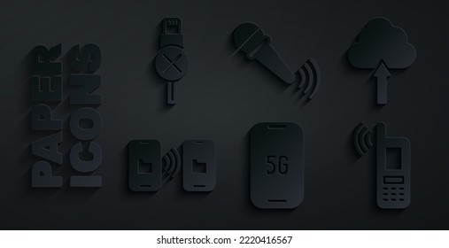 Set Mobile with 5G, Cloud upload, Data transfer and storage, wi-fi wireless, Wireless microphone and No usb cable cord icon. Vector