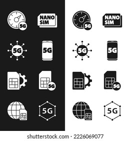 Set Mobile with 5G network, Digital speed meter, Nano Sim Card, card setting, and Globe icon. Vector
