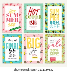 Set of mobile ads and posters. Summer sale banners. Vector illustrations concept for online shopping, e-commerce, internet advertising, social media ads and banners, marketing material.