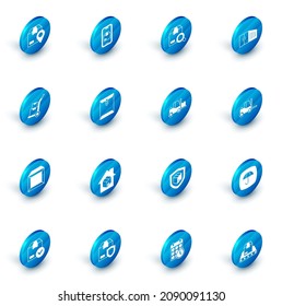 Establece el seguimiento de entrega de aplicaciones móviles, paquete de búsqueda, contenedor, camión de mano y cajas, cartón de cartón, sobre, elevador de horquilla e icono. Vector