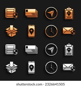 Set Mobile with app delivery tracking, Document marker system, Envelope shield, Fast time, Cardboard box traffic symbol, Infographic of city map navigation, Delivery pack security and  icon. Vector