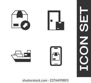 Set Mobile app delivery tracking, Carton cardboard box, Cargo ship with boxes and Home services icon. Vector
