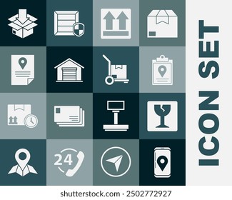 Set Mobile with app delivery tracking, Fragile broken glass, Document marker system, This side up, Warehouse, Cardboard box traffic symbol and Hand truck and boxes icon. Vector