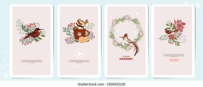 Set of Mobile App Page with Christmas plants, Christmas wreath, floral, spices and birds. Editable vector illustration.