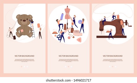 Set of Mobile App page with Fashion Design concept. Illustration with scenes Tailor Create Outfit and Apparel, Assistant Working with Mannequin. Editable vector illustration.