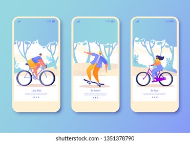 Set of mobile app page, screen set on healthy lifestyle theme. Active people sports. Happy characters riding bicycle and skateboarding. Healthy lifestyle concept for mobile website, web page.