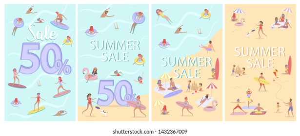 Set for mobile app page Summer beach concept discount poster. Different scenes of people on the beach. People relax on the beach, sunbathe, play sports and yoga, swiming in the sea, ride the surf. 