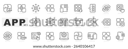 Set of mobile app related line icons. Device, screen, application, program etc. Editable stroke. Set 3