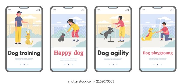 Set of mobile app templates about dog training flat style, vector illustration isolated on white background. People teach their pets do basic commands, outdoor. Pink and gray colors, place for text