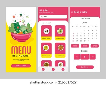 Set Of Mobile App UI, UX, GUI Screens Including Get Started, Book Table Template For Restaurant Menu Card.