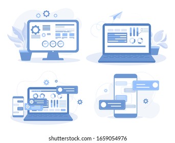 Set of mobile app and website developing vector concepts. Building apps and creating web design flat illustrations. Marketing material, business presentation, online advertising concept