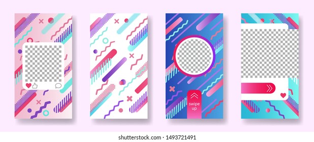 Set of Mobile application interface elements in trendy memphis style. Modern user interface with blank frames and scroll navigation. Home page mobile blog layout. Geometric vector illustration.