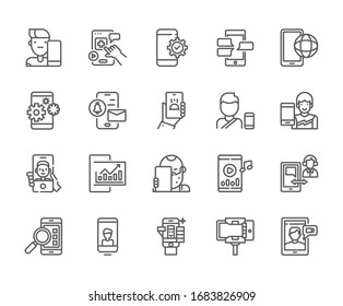 Set of mobile application Related Vector Line Icons. Includes such Icons as smartphone, device, user, gestures, selfies and more. - vector