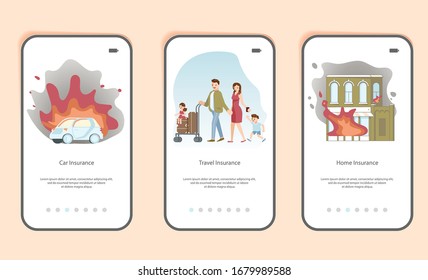 Set of mobile application template Insurance for service and Protecting Health, Life, and Property Concept. Flat Art Vector Illustration