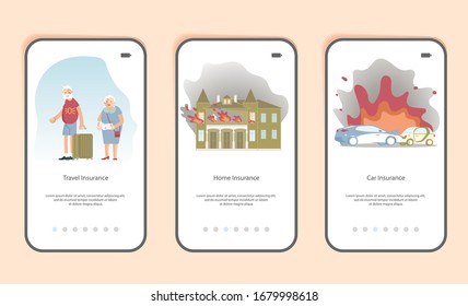 Conjunto de plantillas de aplicación móvil Seguro para el servicio y Protección del concepto de salud, vida y propiedad. Ilustración de vectores de arte plano