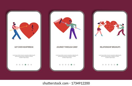 Set of mobile application template of intense emotional pain of lost lover.  Psychological Metaphor of broken heart. Flat Art Vector Illustration