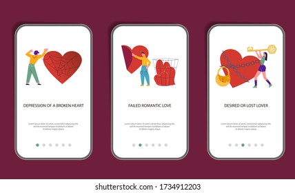 Set of mobile application template of intense emotional pain of lost lover.  Psychological Metaphor of broken heart. Flat Art Vector Illustration