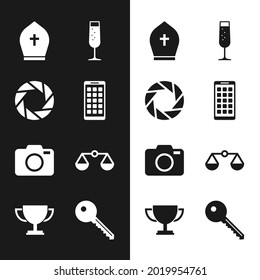 Set Mobile Apps, Camera shutter, Pope hat, Glass of champagne, Photo camera and Scales justice icon. Vector