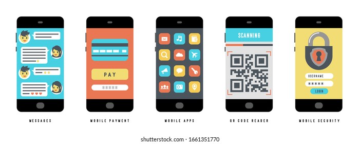 Conjunto de conceptos de aplicaciones móviles en smartphone negro con diferentes elementos de interfaz de usuario, ilustración vectorial plana
