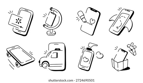 set of mobile apps doodle icons